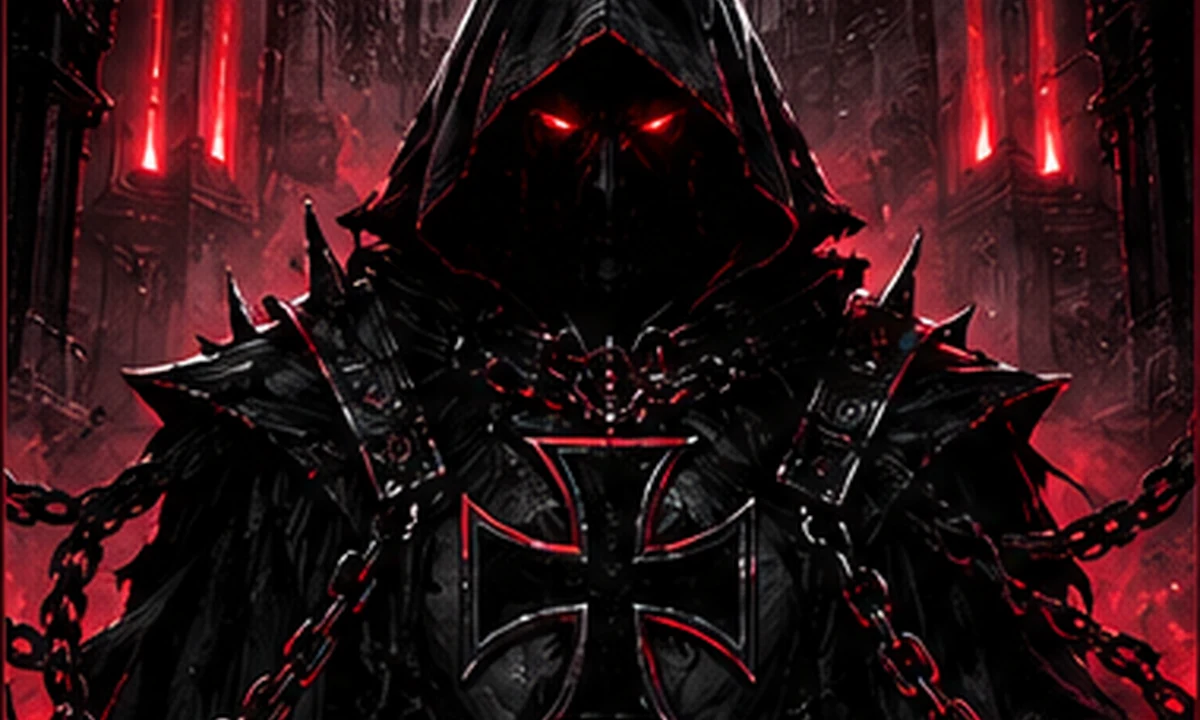 Dark Lord: a mysterious hooded figure in black armor with red-lit eyes and glowing crimson surroundings