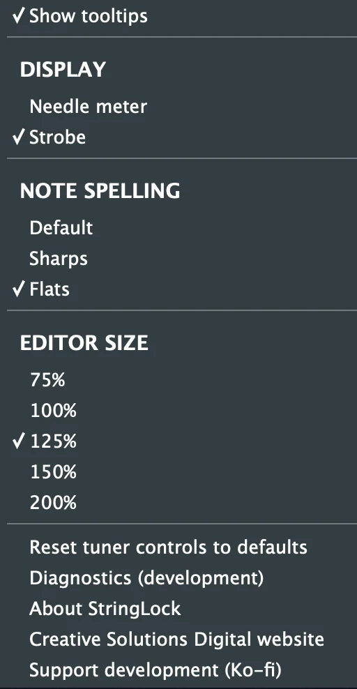 StringLock settings menu